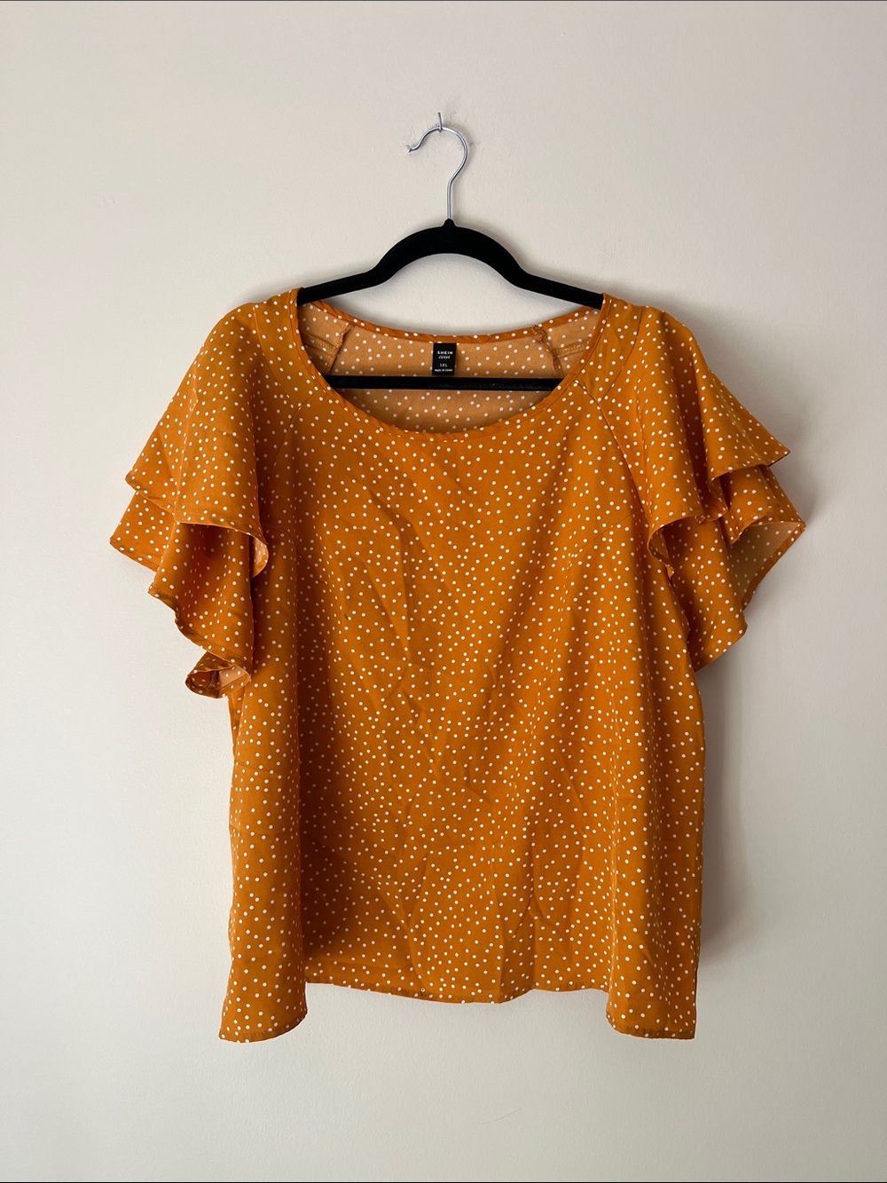 SHEIN Mustard Polka Dot Ruffle Sleeve Blouse